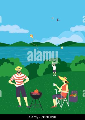 Familie Grill Landschaft Picknick flach Vektor. Sommer Outdoor-Aktivitäten Konzept. Ländliche Szene Cartoon Hintergrund. Banner für Ferienreisen der Saison Stock Vektor