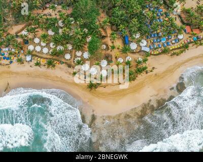 Luftaufnahme eines exotischen Strandes mit viel Sonne Sonnenschirme und Palmen Stockfoto