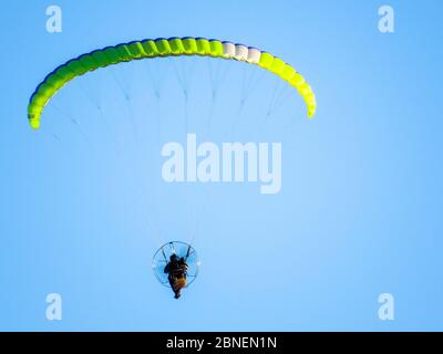 Low-Angle-Aufnahme einer Person in powered Paragliding unter Ein klarer blauer Himmel Stockfoto