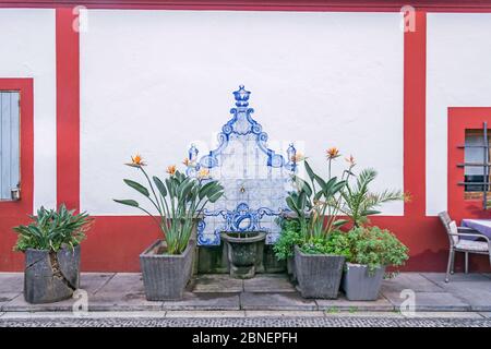 Funchal, Portugal - 10. November 2019: Trinkbrunnen mit Strelitzia und Azulejo verziert eine Form von Portugiesisch bemalter Zinn-glasierte Keramik-Tilewo Stockfoto