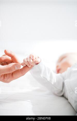 Baby greift den Finger der Mutter Stockfoto