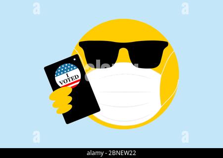 Coole Emoji mit Gesichtsmaske Sonnenbrille, Telefon und ich habe PIN, USA Wahlen. Stockfoto