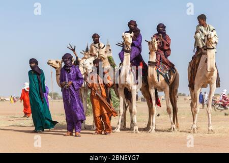 Ingall, Nige Curee Sale festivalr: tuareg Menschen in traditioneller Kleidung sitzen auf Kamelen in der Wüste Stockfoto