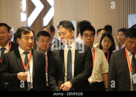 --FILE--Richard Liu Qiangdong, dann Vorsitzender und CEO des Online-Einzelhändlers JD.com, Mitte, nimmt an der China Langfang International Economic and Trade Fa Stockfoto