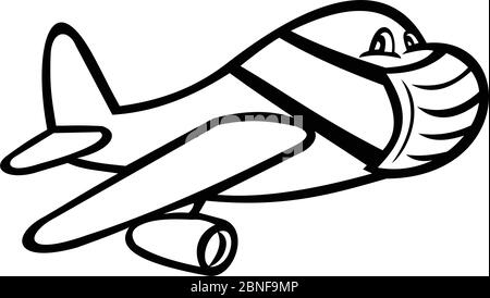 Cartoon-Stil Illustration eines Jet-Flugzeug oder Flugzeug trägt chirurgische Maske, fliegen in vollem Flug auf isolierten weißen Hintergrund in Balck und Whit getan Stock Vektor