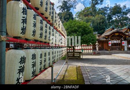 KYOTO, JAPAN - 17. OKTOBER 2019: Der Blick auf Hunderte traditionelle weiße Papierhellungen (Chochin) am Hirano-Schrein. Kyoto. Japan Stockfoto