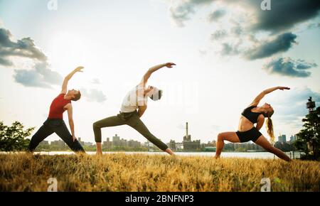 Gruppe von Menschen, die Yoga im Park machen Stockfoto