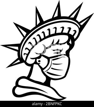 Maskottchen Ikone Illustration von Head of Liberty oder Libertas, das ikonische amerikanische Symbol für Gerechtigkeit und Freiheit trägt chirurgische Maske, um die Gesundheit vor zu schützen Stock Vektor