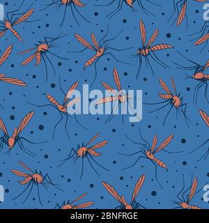 Mücken nahtlose Muster auf dunkelblauem Hintergrund. Dämmerung Waldkulisse. Abbildung flacher Vektorgrafiken. Stock Vektor