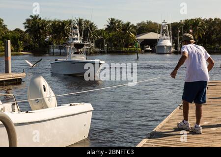 Ein Mann versucht, sein Boot an einen Pier im Sandsprit Park in Port Salerno, Florida, USA anzudocken. Stockfoto