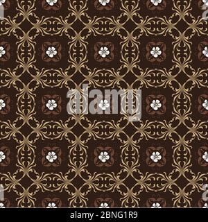 Elegante Art Kunstwerk von Blumenmotiven auf Kawung Batik-Design mit einfachen dunkelbraunen Farbdesign Stock Vektor