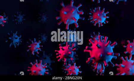 Coronavirus COVID-19 3D-Illustration mit roten und blauen ansteckenden Viruszellen auf abstraktem, dunklem wissenschaftlichen Hintergrund für den Nachrichtenheader. 3D-Darstellung Stockfoto