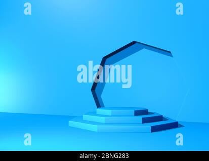 Sockel- oder Podest mit Treppe und Wand Bogen im blauen Abstrakt Hintergrund. 3D-Darstellung Stockfoto