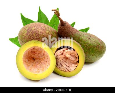 Frische Avocados zwei ganze und eine halbierte isoliert auf weiß Stockfoto