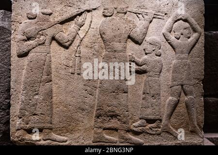 Nahaufnahme der Schnitzerei im Museum der anatolischen Zivilisationen Ankara, Türkei Stockfoto