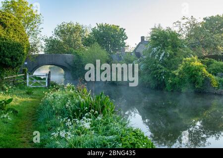 Kanalbrücke, Nebel und Hütte entlang des oxford-Kanals am frühen Morgen. Somerton, Oxfordshire, England Stockfoto