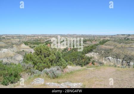 Spätsfrühling in North Dakota: Blick von Badlands aus auf den landschaftlich reizenden Loop Drive in der South Unit des Theodore Roosevelt National Park Stockfoto