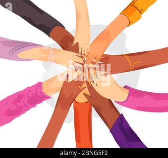 Draufsicht auf junge Menschen, die ihre Hände zusammenlegen. Vektor flach Illustration von Freunden mit Handstapel zeigt Einheit und Teamwork. Schwesternschaft Stock Vektor
