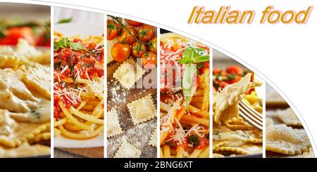 Collagen aus Fotos von Pasta und Ravioli. Italienisches Essen. Kopierraum Stockfoto