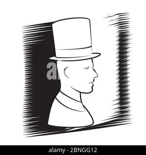 Das Gesicht eines Mannes in einem alten Hut auf einem weißen isolierten Hintergrund. Konturvektorbild Stock Vektor