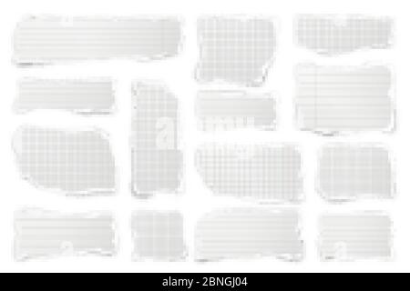 Gerippte Papierstreifen. Realistische zerknitterte Papierfetzen mit abgerissenen Kanten. Linierte Fetzen von Notizbuchseiten. Vektorgrafik. Stock Vektor
