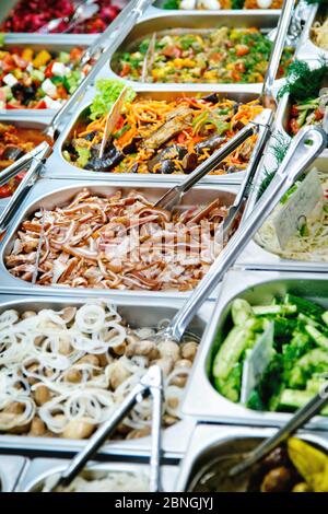 Salate, marinierte Champignons mit Zwiebelringen, Speck in Scheiben, geschmorte Auberginen mit Karotten, frische Gurken in gastronomischen Behältern mit Metalllöffel Stockfoto