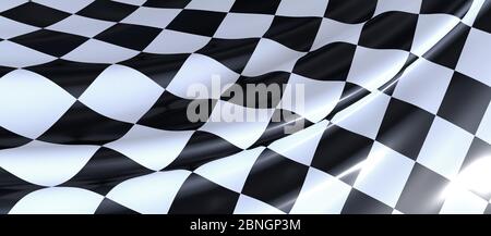 Nahaufnahme einer gewellten karierten Flagge unter den Lichtern - Perfekt für Tapeten und Hintergründe Stockfoto