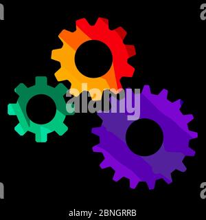 Zahnräder (Сogwheels). Сolorful-Symbol. Drei verschiedene farbige Zahnräder, stellen den Mechanismus dar. Regenbogenfarben. Vektorgrafik. Stock Vektor