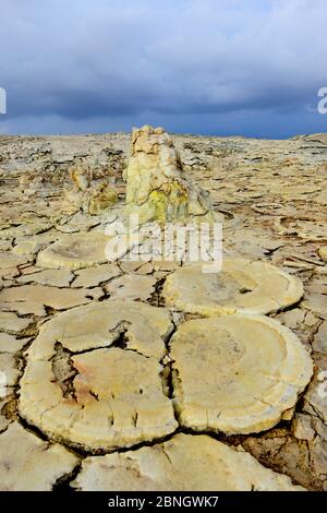 Formationen, die durch Winderosion, Salzablagerungen, Wasser und schwefelhaltige Dämpfe im Gebiet Dallol, Assale See, verursacht werden. Danakil Depression, Afar Region, Äthiopien, A Stockfoto