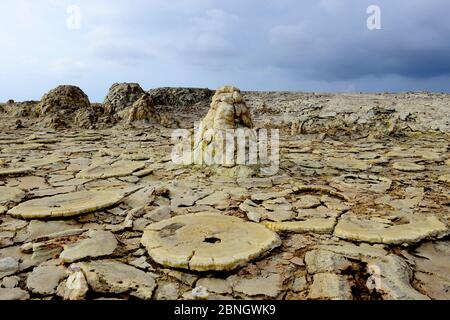 Formationen, die durch Winderosion, Salzablagerungen, Wasser und schwefelhaltige Dämpfe im Gebiet Dallol des Assale Sees verursacht werden. Danakil Depression, Afar Region, Äthiopien, Stockfoto