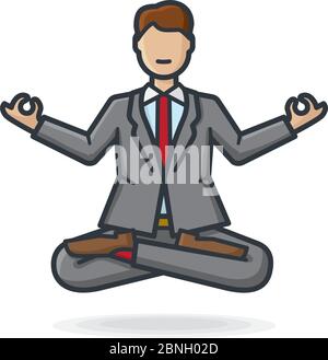 Geschäftsmann Cartoon-Charakter schweben während der Meditation in Yoga Lotus Pose mit gekreuzten Beinen und Gyan Mudra Geste isoliert Vektor-Illus Stock Vektor