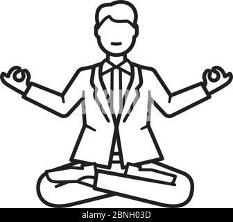 Geschäftsmann Cartoon-Charakter schweben während der Meditation in Yoga Lotus Pose mit gekreuzten Beinen und Gyan Mudra Geste Vektor-Linie Symbol. Stock Vektor