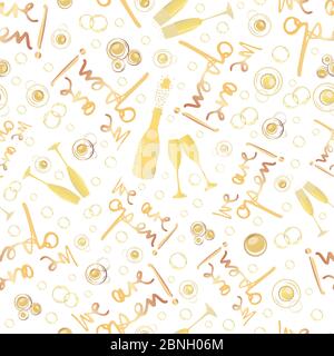 Champagner-Symbole Geschäft Öffnung Vektor nahtlose Muster Hintergrund. Text, sprudelnde Blasen, Gläser, Flaschen weißen Gold Hintergrund. Elegant funkelnd Stock Vektor