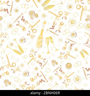 Champagner-Symbole Geschäft Öffnung Vektor nahtlose Muster Hintergrund. Text, sprudelnde Blasen, Gläser, Flaschen weißen Gold Hintergrund. Elegant funkelnd Stock Vektor
