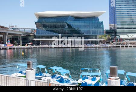 Blick über Darling Harbour zum International Convention Center Sydney (ICC Sydney), New South Wales, Australien Stockfoto