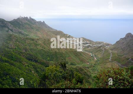 Überblick über das Dorf und das Tal von Taganana, das von subtropischen Lorbeerwäldern und erloschenen Vulkanen in den wolkenverhangenen Anaga-Bergen, Anaga Rura, flankiert wird Stockfoto