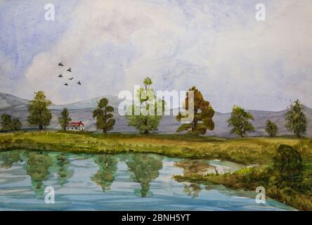 Aquarell handgemachte Malerei Landschaft mit Hügeln, kleine Gebäude und Teich Spiegelbäume Stockfoto