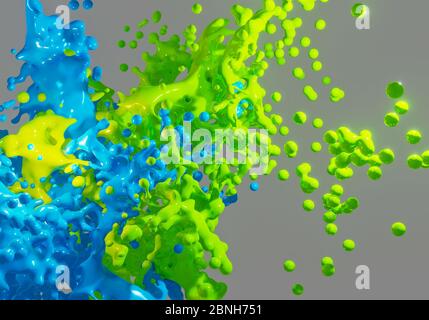 Abstrakt bunten Splash in blau und grün Farbe auf grauem Hintergrund. 3D-Darstellung Stockfoto