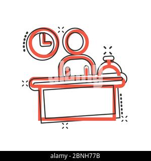 Das Symbol an der Rezeption im Comic-Stil. Buchungsservice Cartoon Vektor Illustration auf weißem isolierten Hintergrund. Hotelreservierung Splash-Effekt busi Stock Vektor