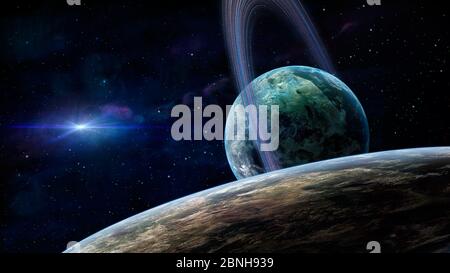 Leerraum Hintergrund. Planet mit Ring und großem Planeten in blauem, farbenfrohem Nebel. Von der NASA eingerichtete Elemente. 3D-Rendering Stockfoto