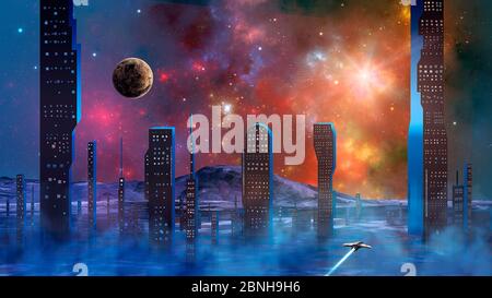 Raumschiff fliegt über Dunst und Rauch aus abstrakter moderner Science-Fiction-Stadt mit buntem fraktalem Nebel und Planet. Von der NASA eingerichtete Elemente. 3D-Renderin Stockfoto