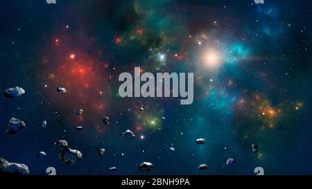 Leerraum Hintergrund. Farbenfroher Nebel mit Asteroid. Von der NASA eingerichtete Elemente. 3D-Rendering Stockfoto