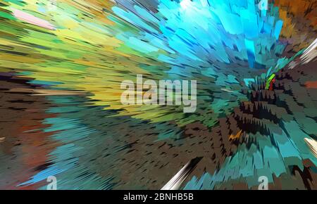 Abstrakte Partikelexplosion in grün und blau. 3D-Darstellung Stockfoto