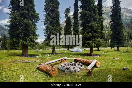 Grünes Zelt im Bergtal mit hohen Tannen im Karakol Nationalpark in der Nähe von Issyk Kul, Kirgisistan Stockfoto