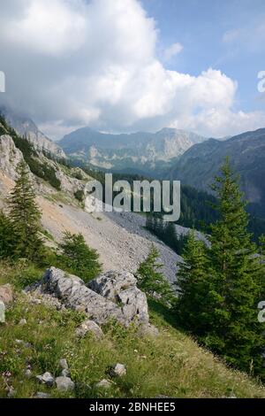 Kalksteinfelsen und Geröll an den Hängen des Mount Maglic, Bosniens höchstem Berg, mit Blick auf Velika Vitao Gipfel in Montenegro über die Nähe Stockfoto