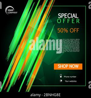Sonderangebot Web Banner mit Spritzstrich in grün und orange Farbe Stock Vektor