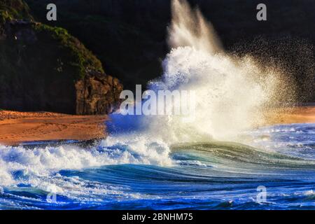 Starke starke starke Welle rollt an den Stränden von Sydney Northern bei Sonnenaufgang gegen dunkle Landzunge. Stockfoto