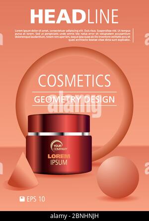 Vector Kosmetik Flyer Werbevorlage mit Gesicht, Handcreme und abstrakter geometrischer Form in roter Farbe Stock Vektor