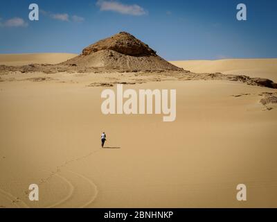 Siwa, Ägypten, eine Frau, die in den Sanddünen der Wüste spazierengeht Stockfoto