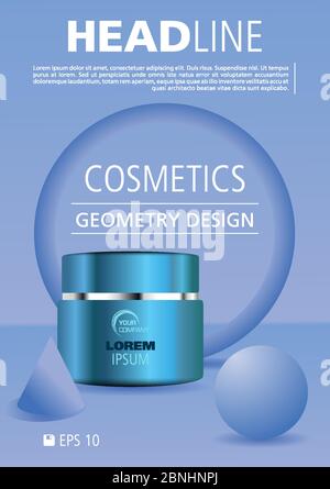 Vector Kosmetik Flyer Werbevorlage mit Gesicht, Handcreme und abstrakter geometrischer Form in blauer Farbe Stock Vektor